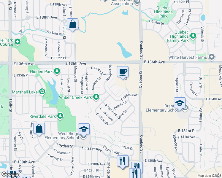 map of restaurants, bars, coffee shops, grocery stores, and more near 6752 East 135th Avenue in Thornton