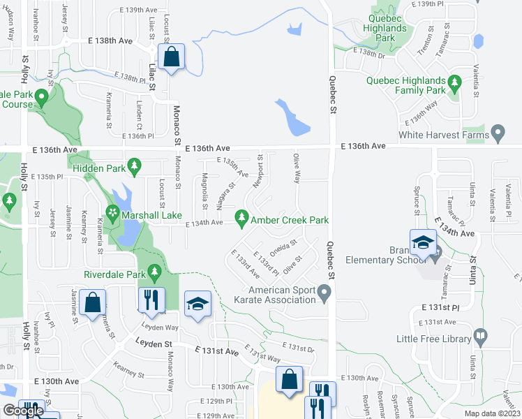 map of restaurants, bars, coffee shops, grocery stores, and more near 6752 East 135th Avenue in Thornton