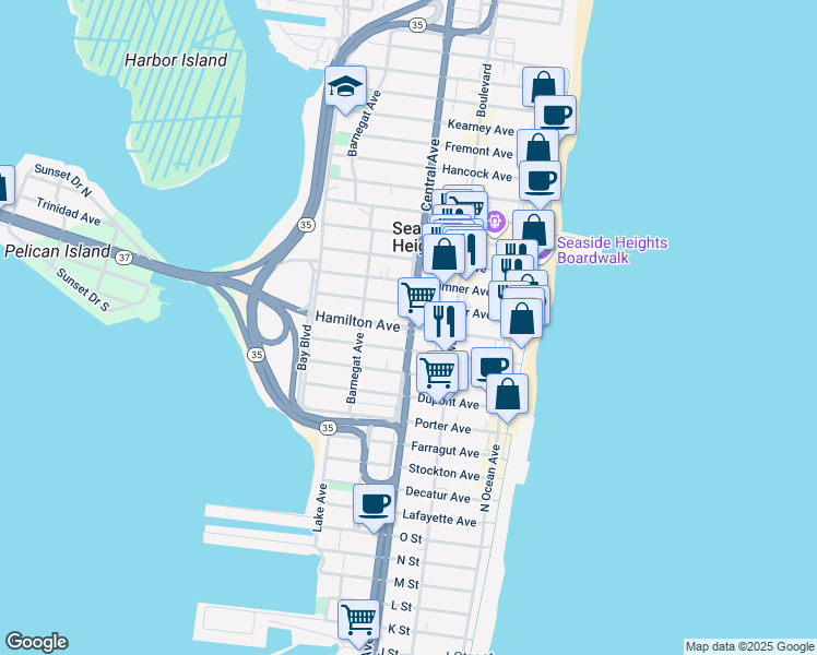 map of restaurants, bars, coffee shops, grocery stores, and more near 212 Hamilton Avenue in Seaside Heights