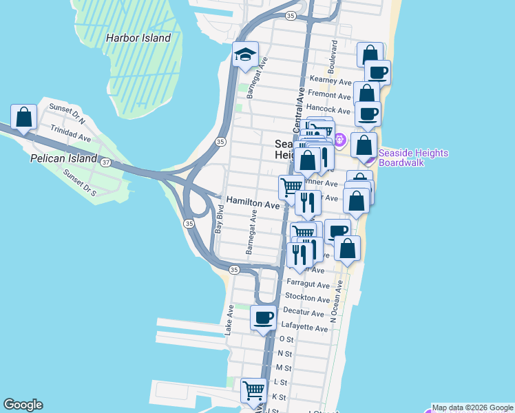 map of restaurants, bars, coffee shops, grocery stores, and more near 236 Hamilton Avenue in Seaside Heights