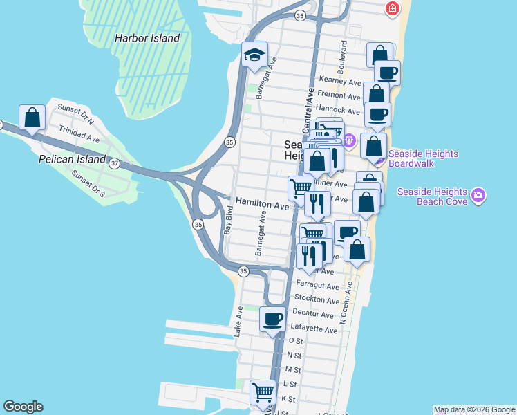 map of restaurants, bars, coffee shops, grocery stores, and more near 236 Hamilton Avenue in Seaside Heights