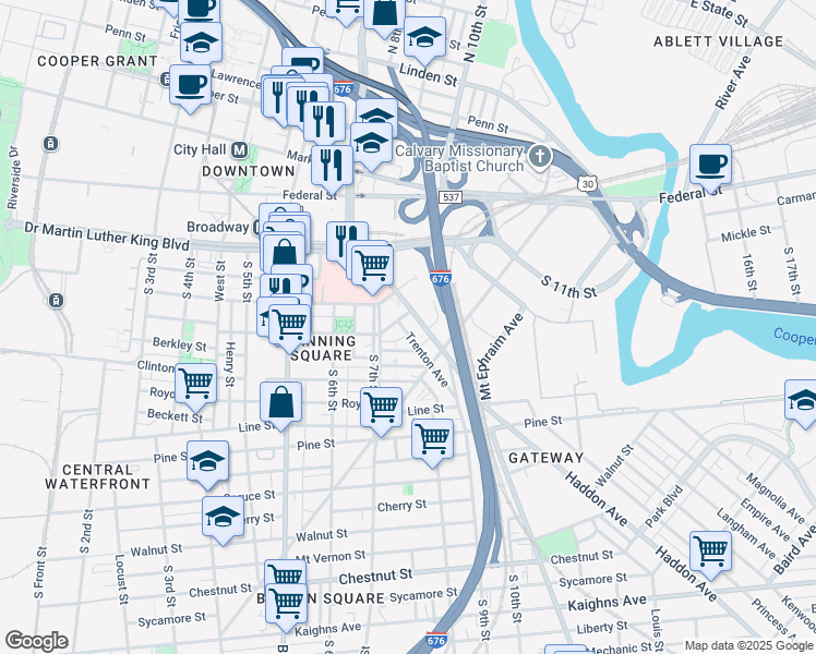 map of restaurants, bars, coffee shops, grocery stores, and more near 3 Cooper Plaza in Camden