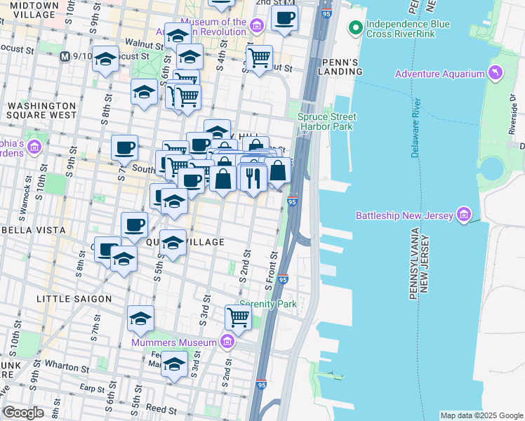 map of restaurants, bars, coffee shops, grocery stores, and more near 214 South Street in Philadelphia