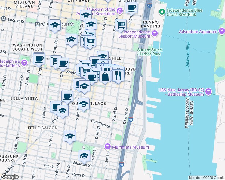 map of restaurants, bars, coffee shops, grocery stores, and more near in Philadelphia