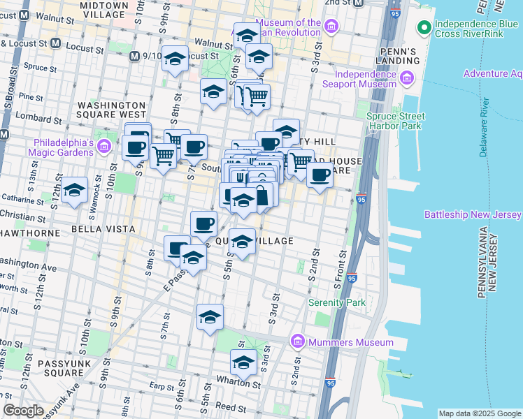 map of restaurants, bars, coffee shops, grocery stores, and more near 413 Bainbridge Street in Philadelphia