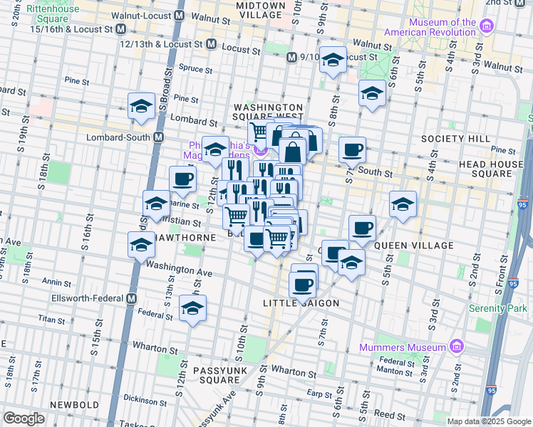 map of restaurants, bars, coffee shops, grocery stores, and more near 753 South 10th Street in Philadelphia