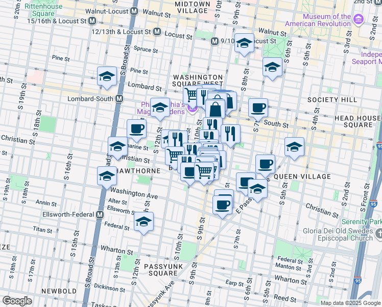 map of restaurants, bars, coffee shops, grocery stores, and more near 753 South 10th Street in Philadelphia