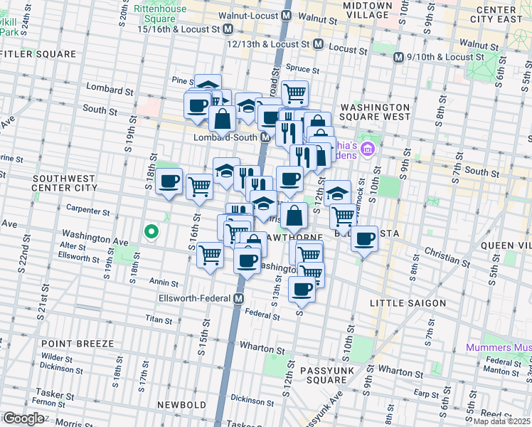 map of restaurants, bars, coffee shops, grocery stores, and more near 1331 Webster Street in Philadelphia