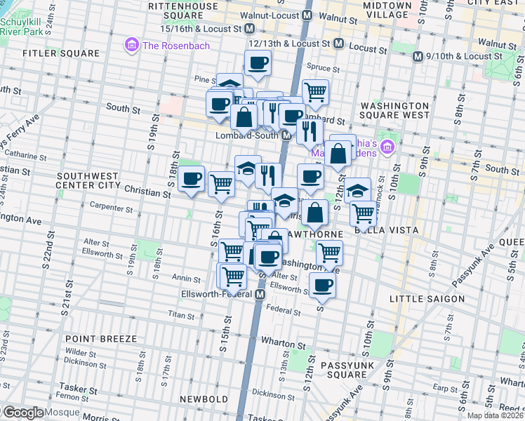 map of restaurants, bars, coffee shops, grocery stores, and more near 800 South Broad Street in Philadelphia