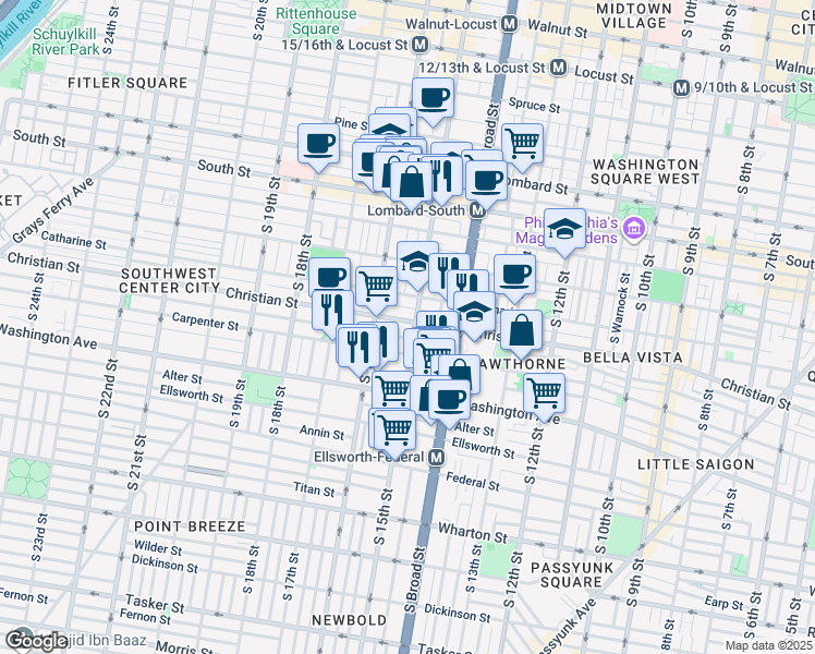 map of restaurants, bars, coffee shops, grocery stores, and more near 1504 Christian Street in Philadelphia