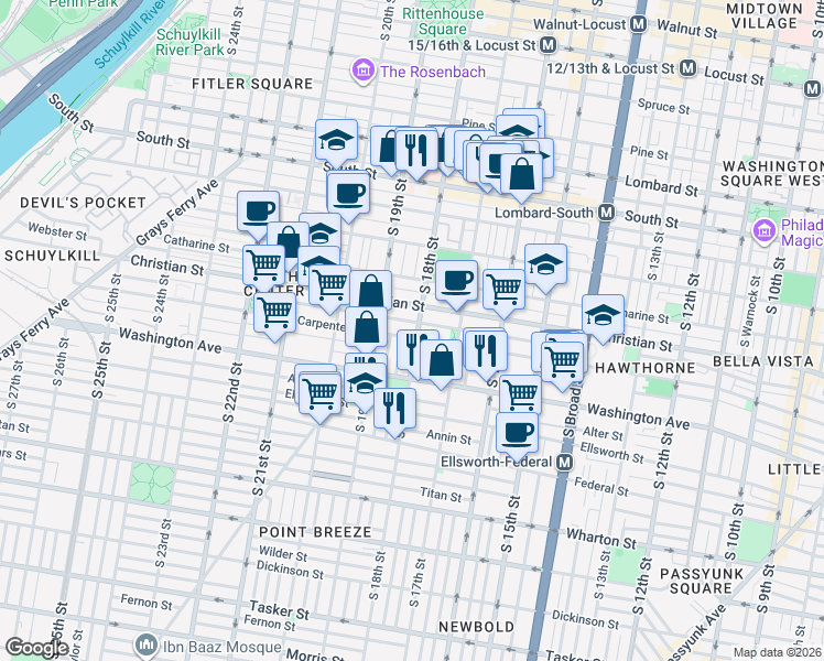 map of restaurants, bars, coffee shops, grocery stores, and more near 911 South 18th Street in Philadelphia