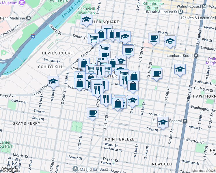 map of restaurants, bars, coffee shops, grocery stores, and more near 1 Surgeon Generals Court in Philadelphia