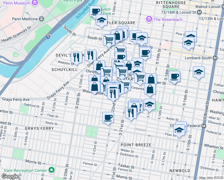 map of restaurants, bars, coffee shops, grocery stores, and more near 2202 Montrose Street in Philadelphia