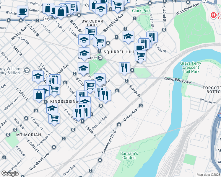 map of restaurants, bars, coffee shops, grocery stores, and more near 1324 South 50th Street in Philadelphia