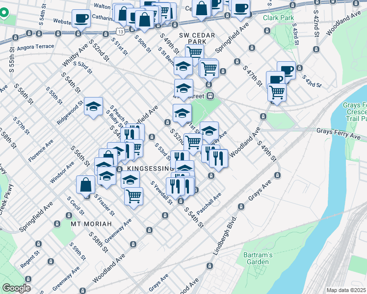 map of restaurants, bars, coffee shops, grocery stores, and more near in Philadelphia