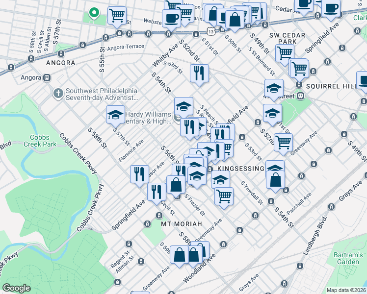 map of restaurants, bars, coffee shops, grocery stores, and more near 5501 Windsor Street in Philadelphia
