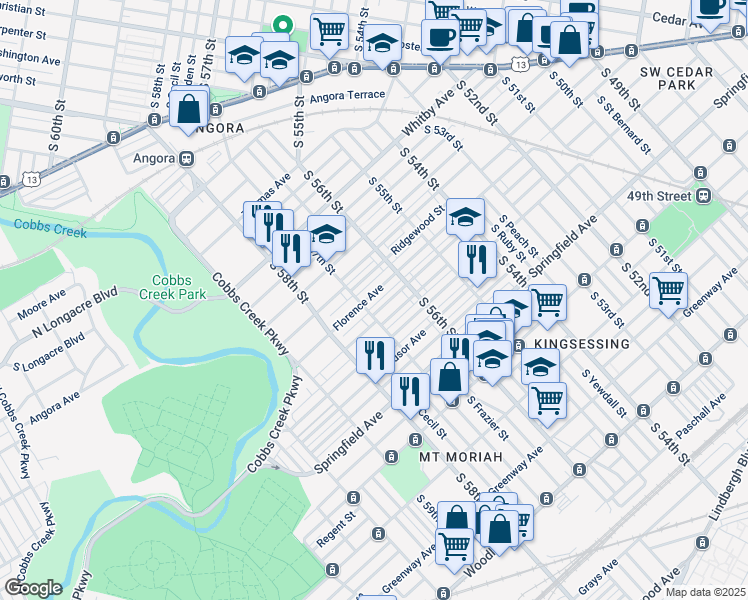 map of restaurants, bars, coffee shops, grocery stores, and more near 5648 Ridgewood Street in Philadelphia