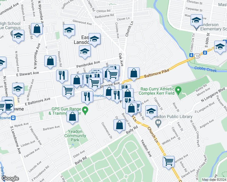 map of restaurants, bars, coffee shops, grocery stores, and more near 900 East Baltimore Avenue in Lansdowne