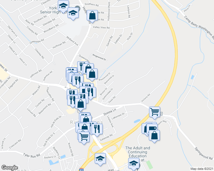 map of restaurants, bars, coffee shops, grocery stores, and more near 311 Sherwood Drive in York