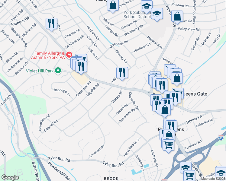 map of restaurants, bars, coffee shops, grocery stores, and more near 1860 South Queen Street in York