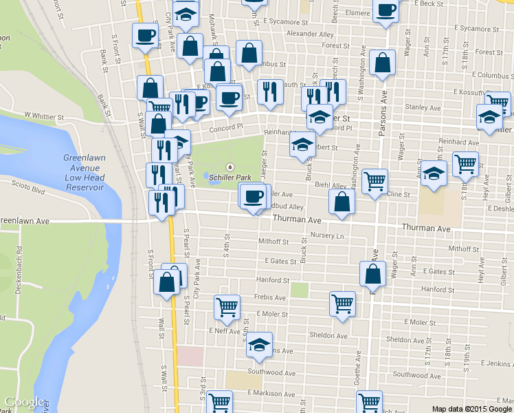 map of restaurants, bars, coffee shops, grocery stores, and more near 217 East Deshler Avenue in Columbus