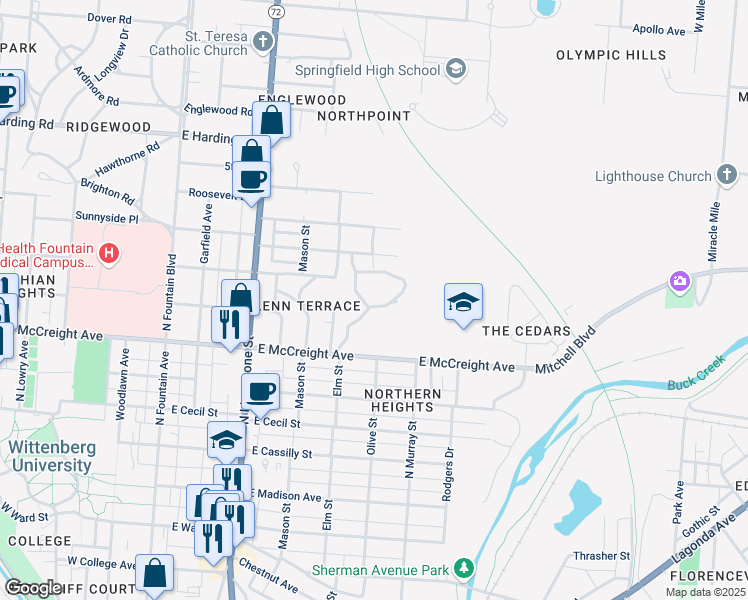 map of restaurants, bars, coffee shops, grocery stores, and more near 1401 Water Street in Springfield