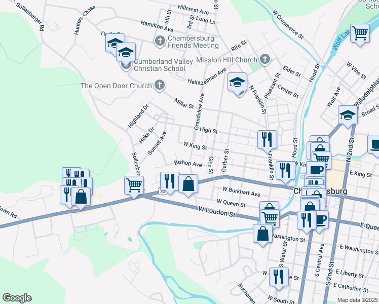 map of restaurants, bars, coffee shops, grocery stores, and more near 79 Grandview Crossing in Chambersburg