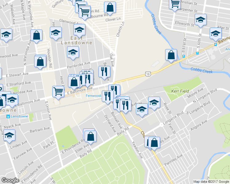 map of restaurants, bars, coffee shops, grocery stores, and more near 33 South Church Lane in Lansdowne