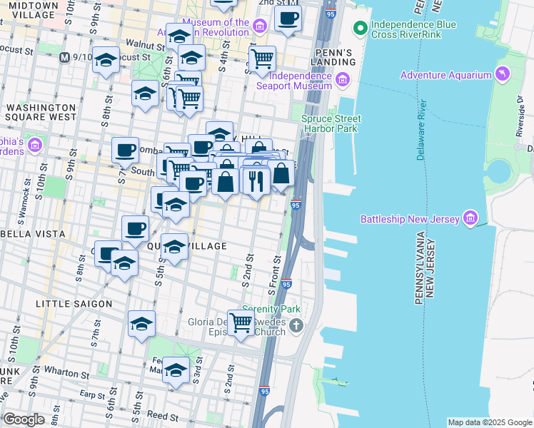 map of restaurants, bars, coffee shops, grocery stores, and more near 126 Bainbridge Street in Philadelphia