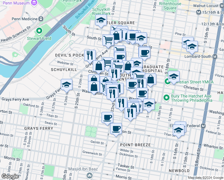 map of restaurants, bars, coffee shops, grocery stores, and more near 2211 League Street in Philadelphia