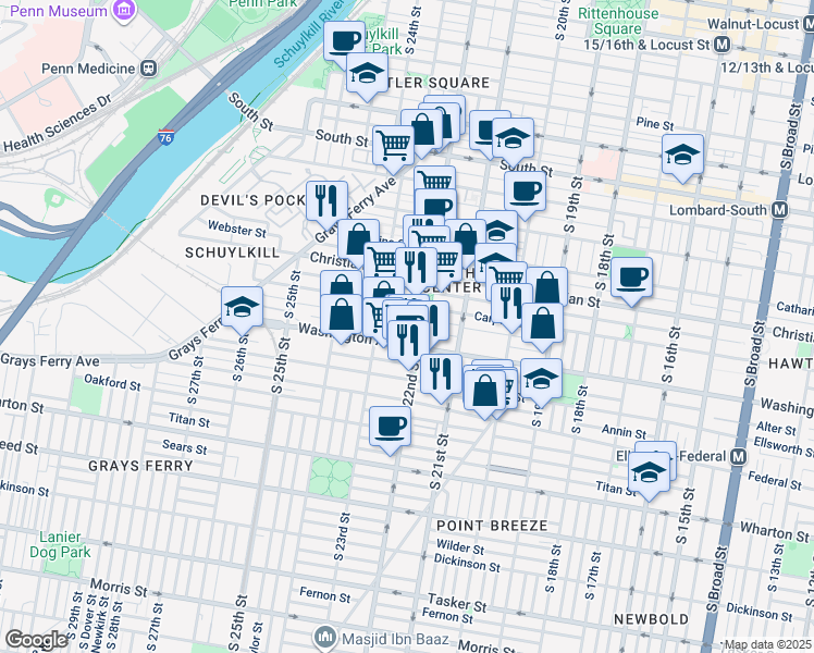 map of restaurants, bars, coffee shops, grocery stores, and more near 2211 League Street in Philadelphia