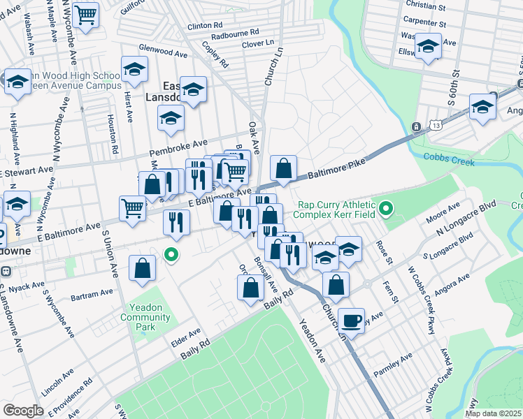 map of restaurants, bars, coffee shops, grocery stores, and more near 33 South Church Lane in Lansdowne