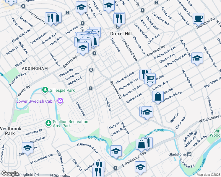 map of restaurants, bars, coffee shops, grocery stores, and more near 3812 Albemarle Avenue in Upper Darby
