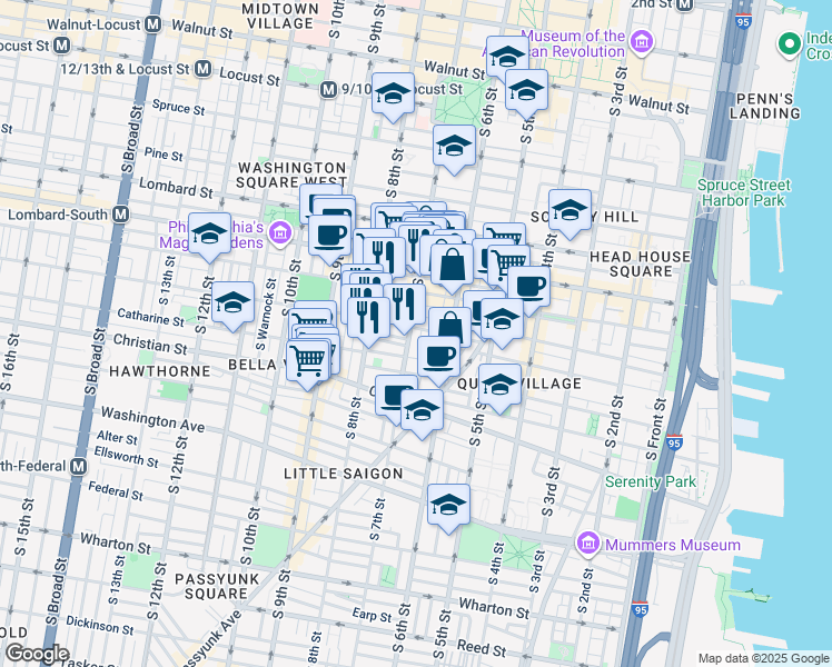 map of restaurants, bars, coffee shops, grocery stores, and more near 638 Fitzwater Street in Philadelphia
