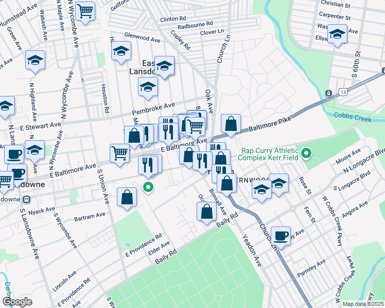 map of restaurants, bars, coffee shops, grocery stores, and more near 14 2nd Street in Lansdowne