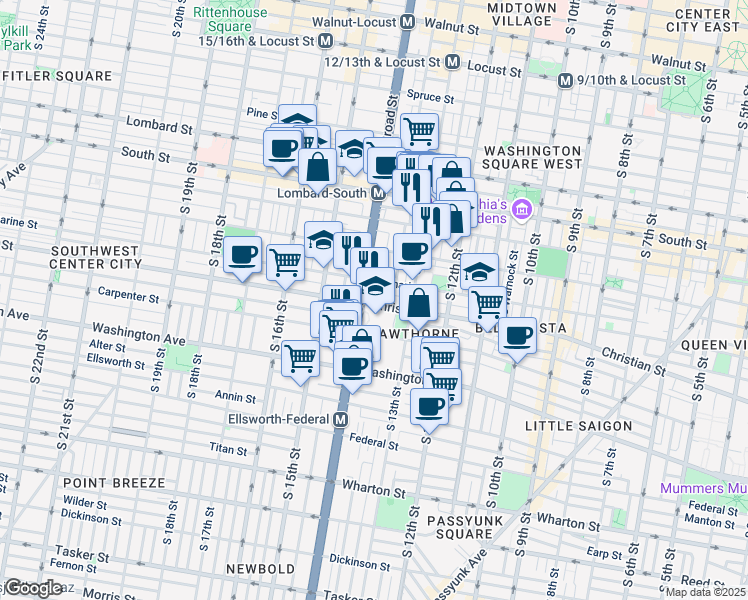 map of restaurants, bars, coffee shops, grocery stores, and more near 1331 Webster Street in Philadelphia