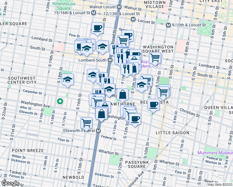 map of restaurants, bars, coffee shops, grocery stores, and more near 1314 Webster Street in Philadelphia