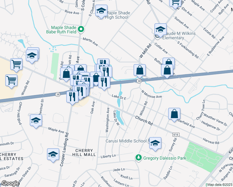 map of restaurants, bars, coffee shops, grocery stores, and more near 210 Lake Drive East in Cherry Hill