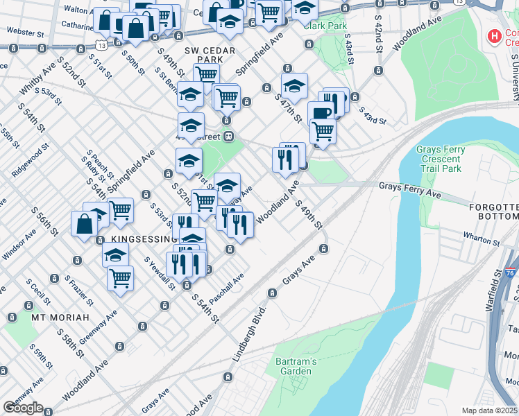 map of restaurants, bars, coffee shops, grocery stores, and more near 1336 South 50th Street in Philadelphia