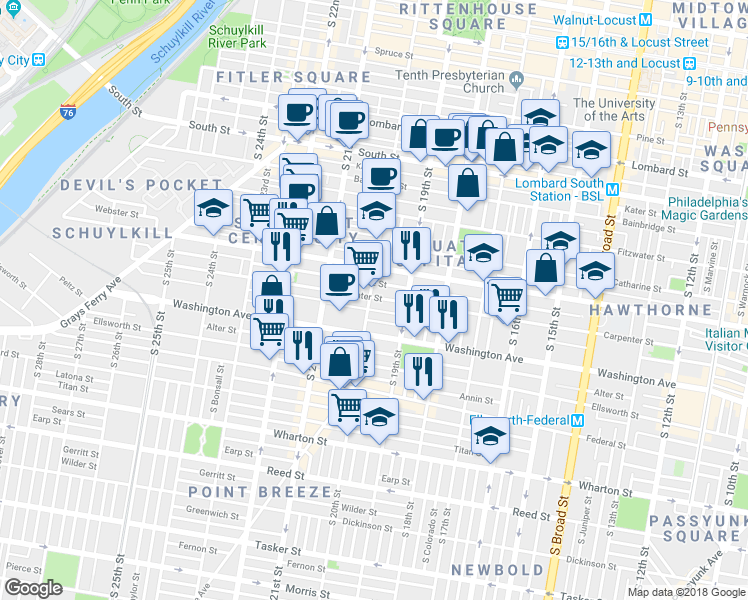 map of restaurants, bars, coffee shops, grocery stores, and more near 1001 South 20th Street in Philadelphia