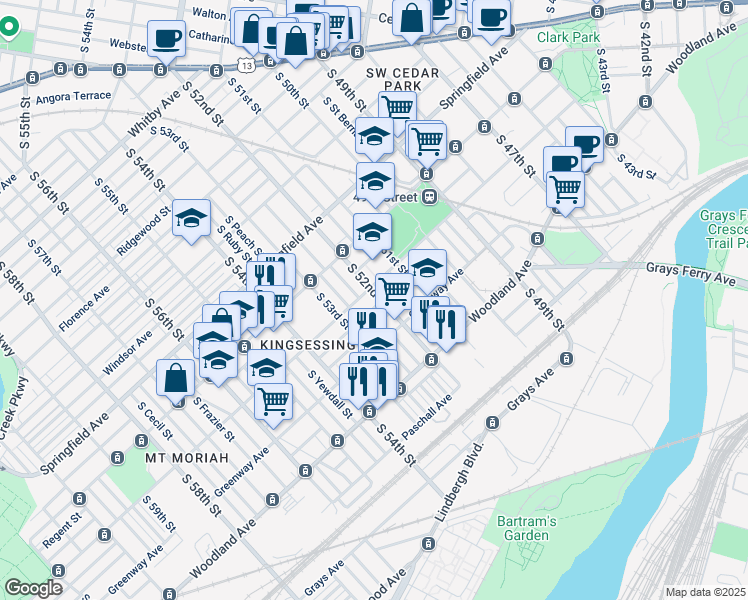 map of restaurants, bars, coffee shops, grocery stores, and more near 1410 South 52nd Street in Philadelphia