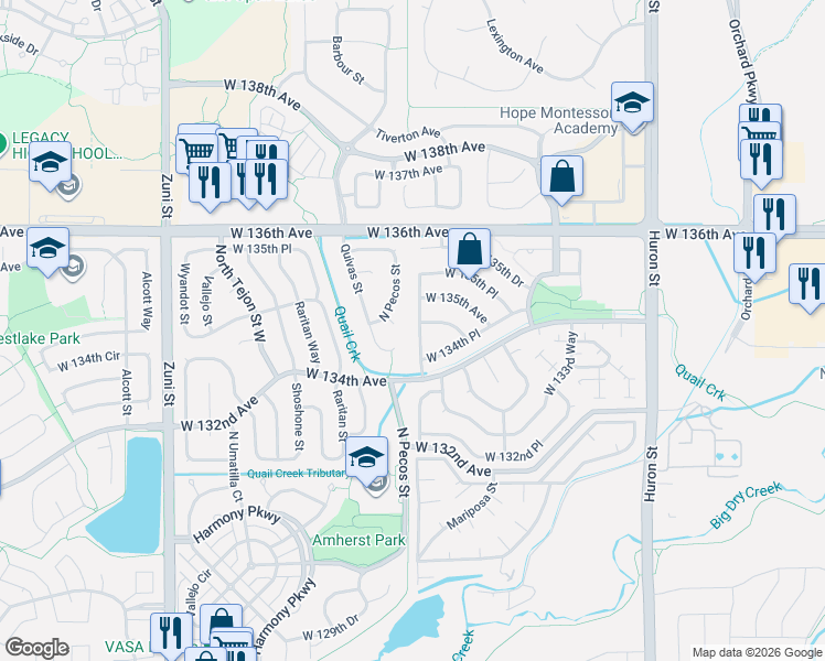 map of restaurants, bars, coffee shops, grocery stores, and more near 13471 Osage Street in Westminster