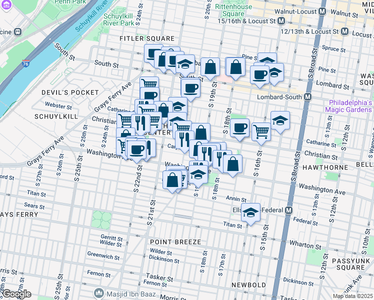 map of restaurants, bars, coffee shops, grocery stores, and more near 1001 South 20th Street in Philadelphia