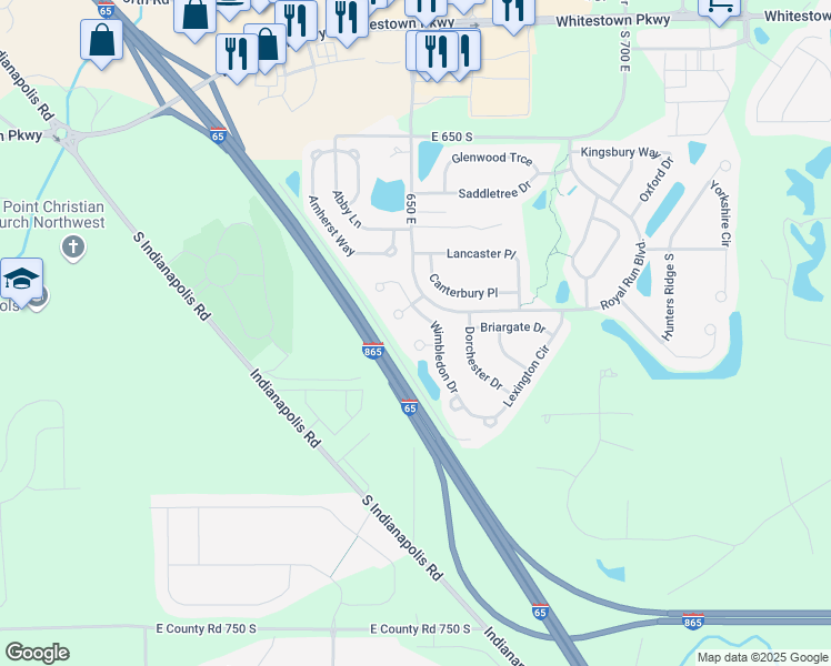 map of restaurants, bars, coffee shops, grocery stores, and more near 6408 Bradshire Court in Zionsville