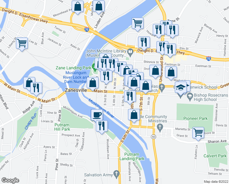 map of restaurants, bars, coffee shops, grocery stores, and more near Main Street & South 4th Street in Zanesville