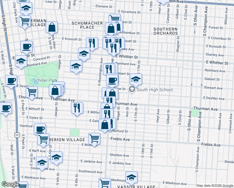 map of restaurants, bars, coffee shops, grocery stores, and more near 1134 Parsons Avenue in Columbus