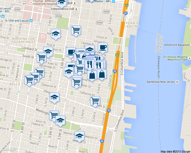 map of restaurants, bars, coffee shops, grocery stores, and more near in Philadelphia