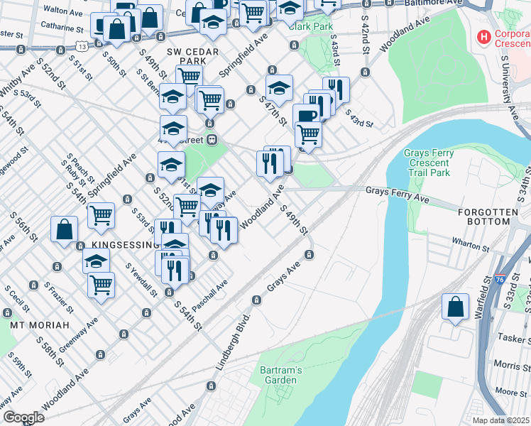 map of restaurants, bars, coffee shops, grocery stores, and more near 4924 Woodland Avenue in Philadelphia