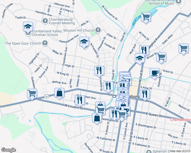 map of restaurants, bars, coffee shops, grocery stores, and more near 241 West King Street in Chambersburg