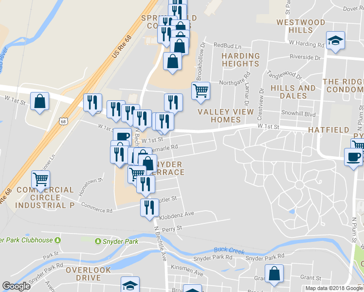 map of restaurants, bars, coffee shops, grocery stores, and more near 1336 Albemarle Road in Springfield